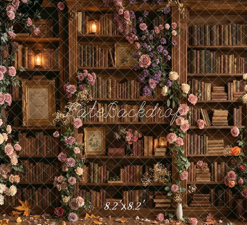 Kate School Library Bookshelf Floral Arch Wood Floor Printed Backdrop Designed by Emetselch