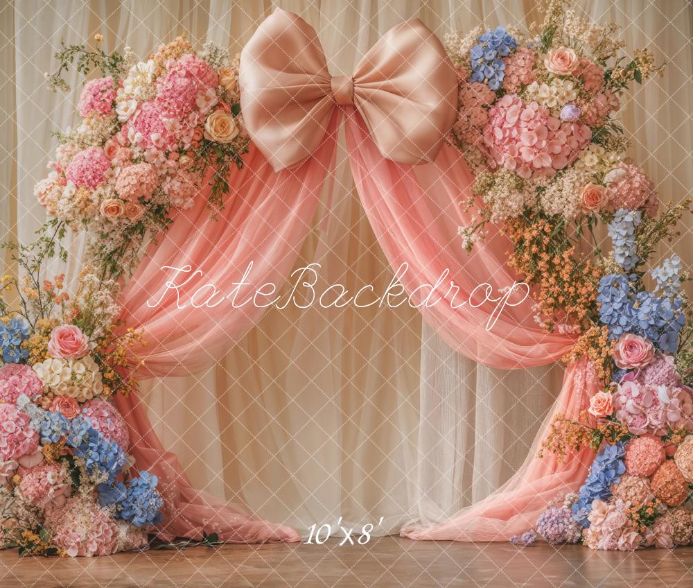 Kate Floral Arch Pink Bow Drapes Backdrop Designed by Emetselch