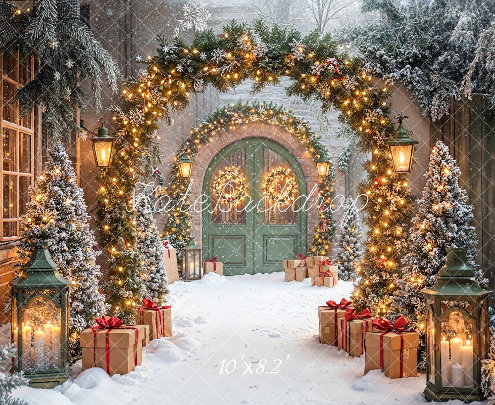 Kate Christmas Garland Archway Snowy Trees Green Doors Backdrop Designed by Emetselch
