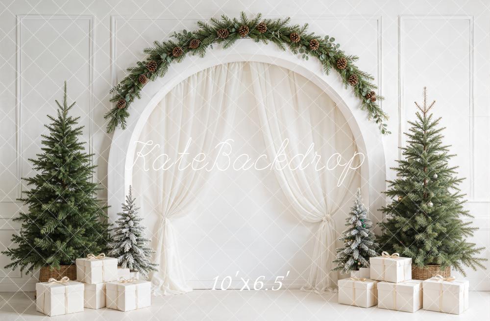 Kate Christmas Minimalist White Arched Wall Pine Tree Gift Printed Backdrop Designed by Emetselch