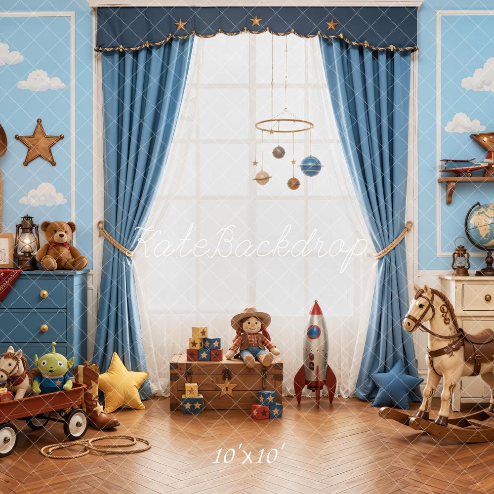 Kate Cowboy Kids Room Blue Curtains Toy Horse Stars Clouds Printed Backdrop Designed by Emetselch