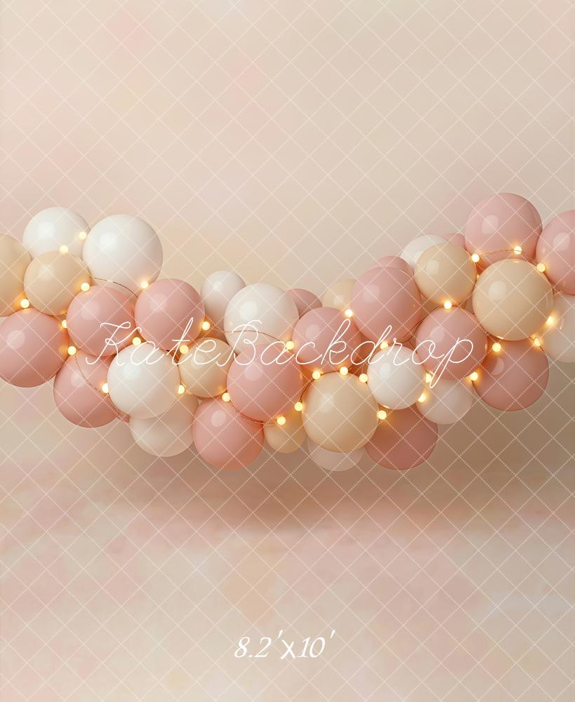 Kate Cake Smash Pink Balloon Garland String Lights Printed Backdrop Designed by Emetselch