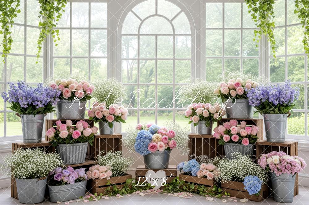 Kate Pastel Flower Buckets Wooden Crates Window Backdrop Designed by Patty Roberts