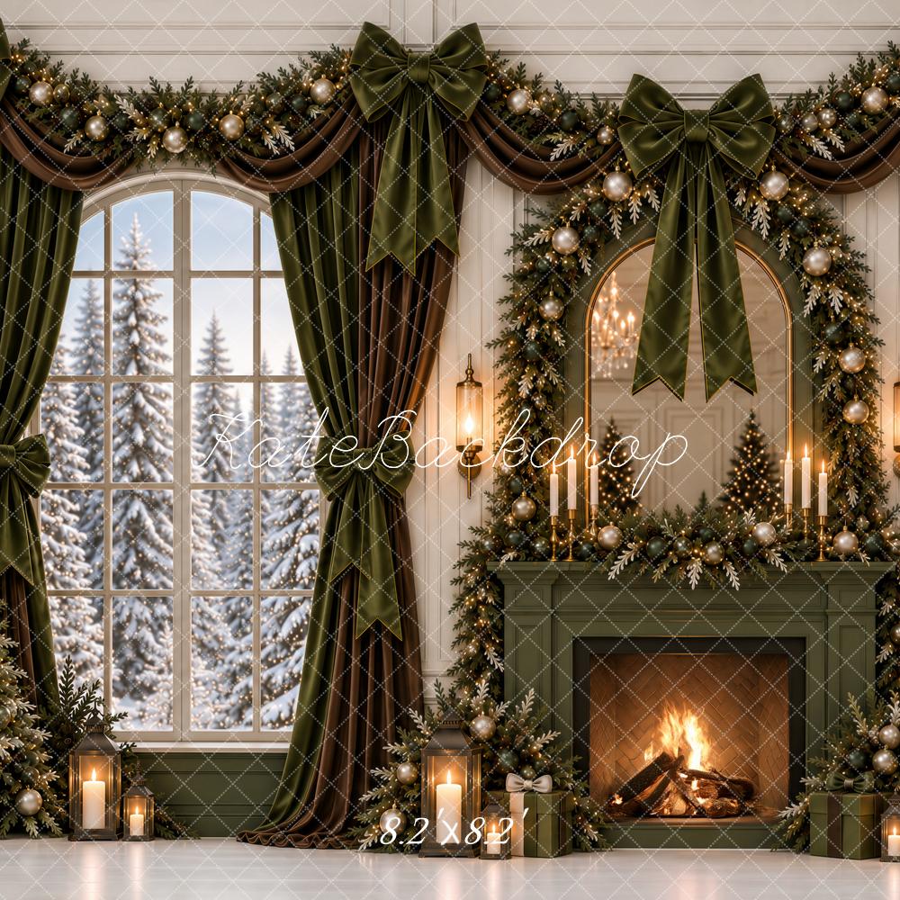 Kate Christmas Olive Green Fireplace Mirror Garland Bows Window Snowy Printed Backdrop Designed by Ashley Paul
