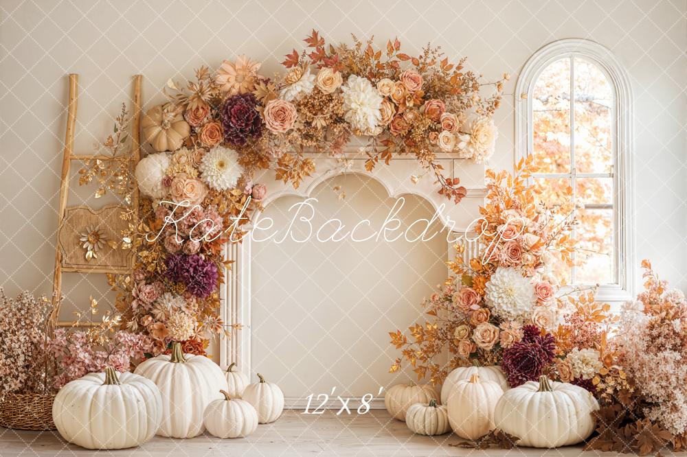 Kate Fall Flower Arch White Pumpkins Ladder Window Backdrop Designed by Emetselch