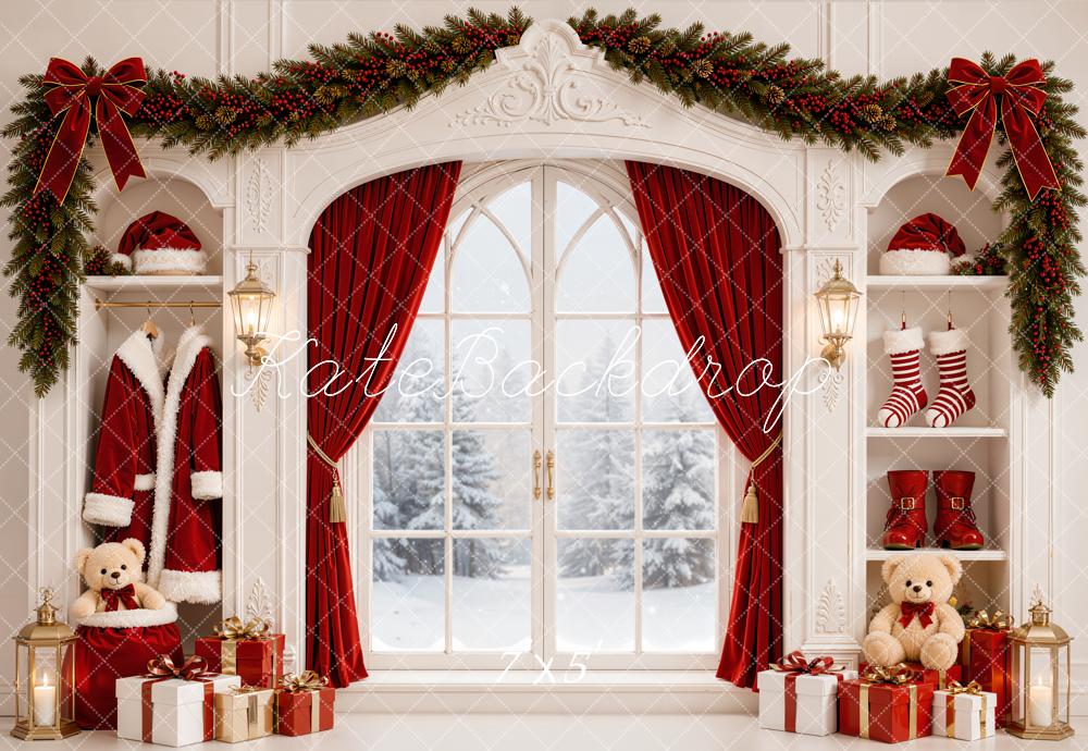 Kate Christmas Window Garland Red Curtains Gifts Built-In Cabinet Printed Backdrop Designed by Emetselch
