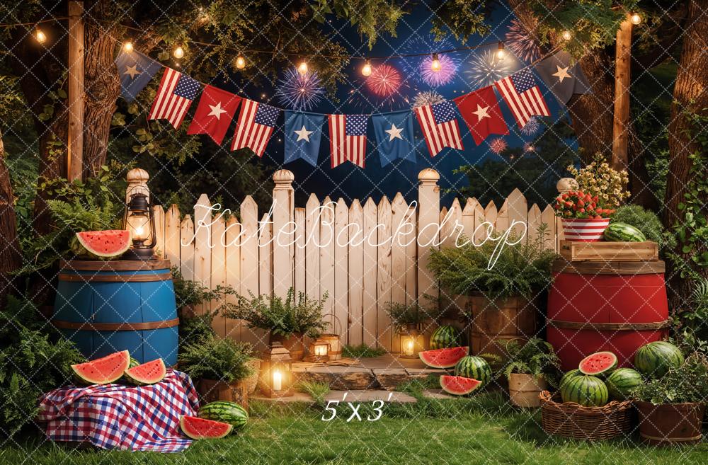 Kate Independence Day Picnic Watermelon Fireworks Printed Backdrop Designed by Emetselch