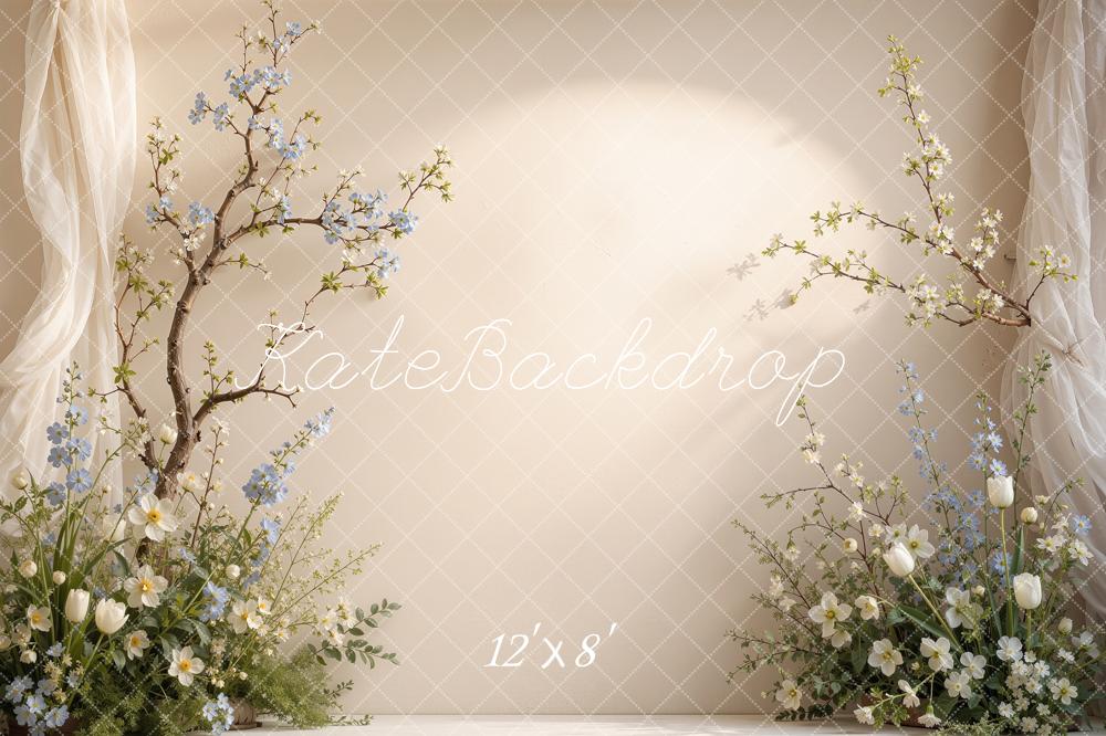 Kate Spring Beige Floral Branches Draped Curtains Printed Backdrop Designed by Shutter Swan Studios