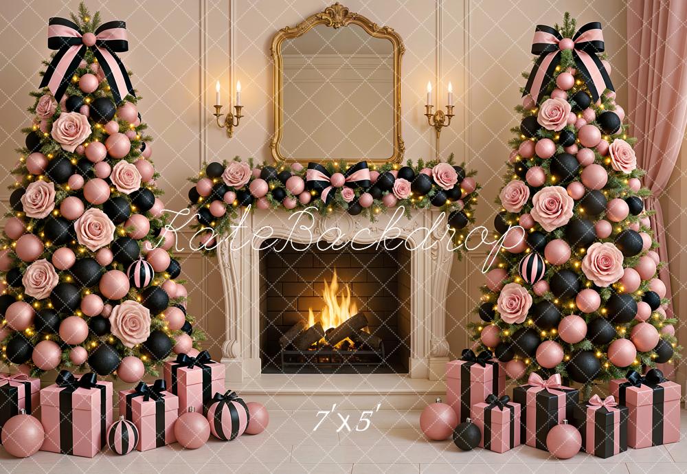 Kate Christmas Tree Pink Rose Fireplace Garland Printed Backdrop Designed by Ashley Paul