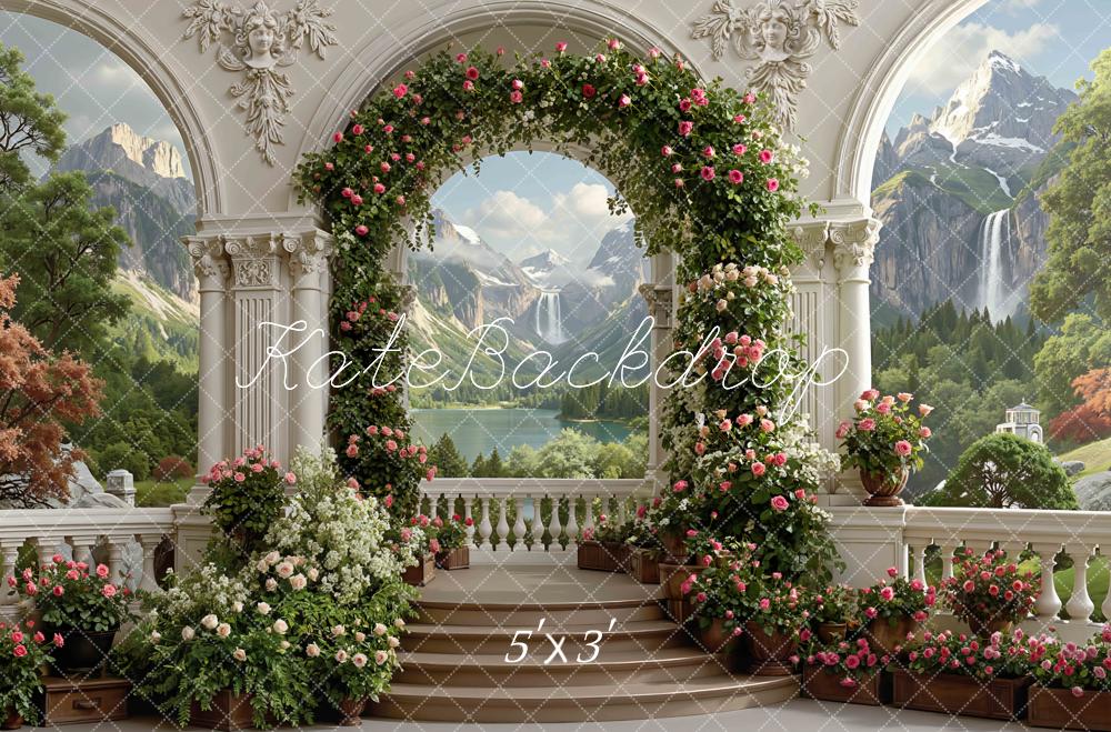 Kate Spring Flower Arch Columns Mountain Waterfall Garden Printed Backdrop Designed by Mini MakeBelieve