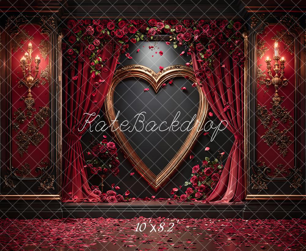 Kate Valentines Red Heart Frame Roses Curtains Floral Backdrop Designed by Emetselch