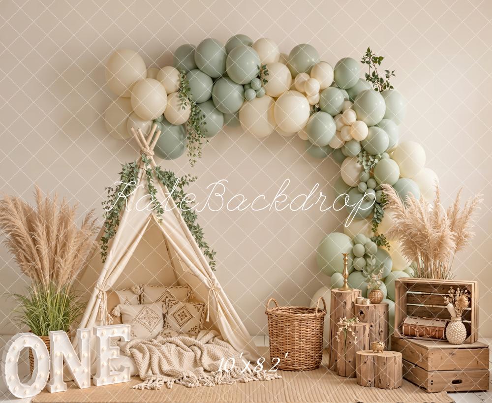 Kate Cake Smash Boho Balloon Arch Teepee Pampas Grass ONE Crates Printed Backdrop Designed by Emetselch