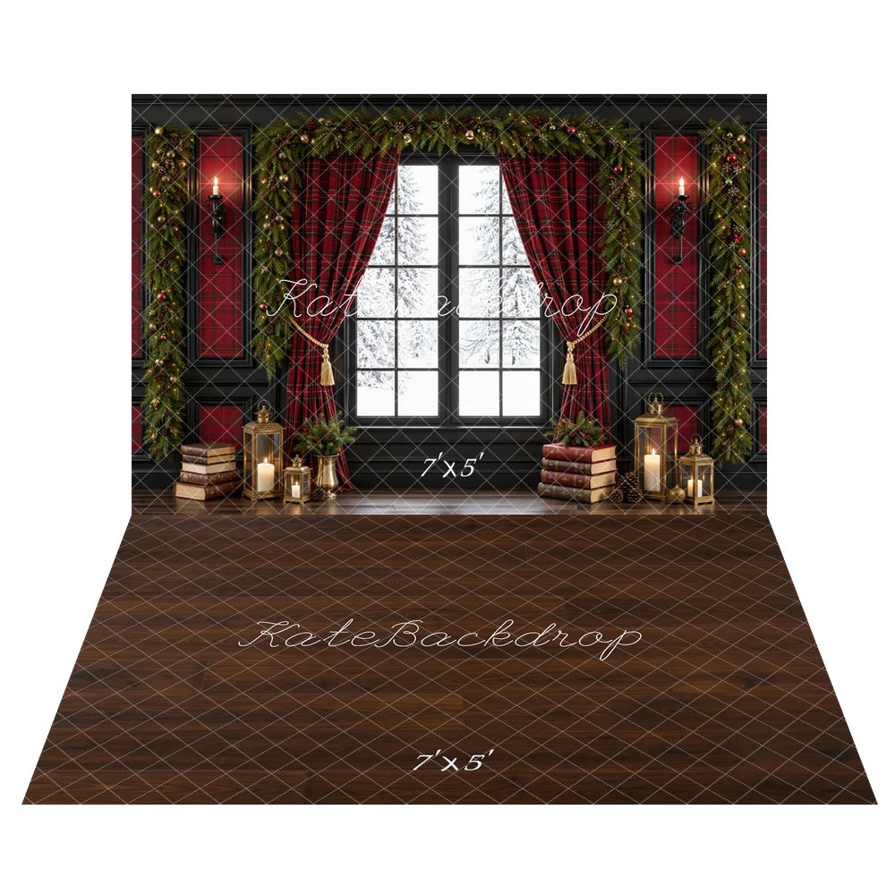 Kate Christmas Plaid Curtains Snowy Window Garland Printed Backdrop+Brown Wood Floor Printed Backdrop