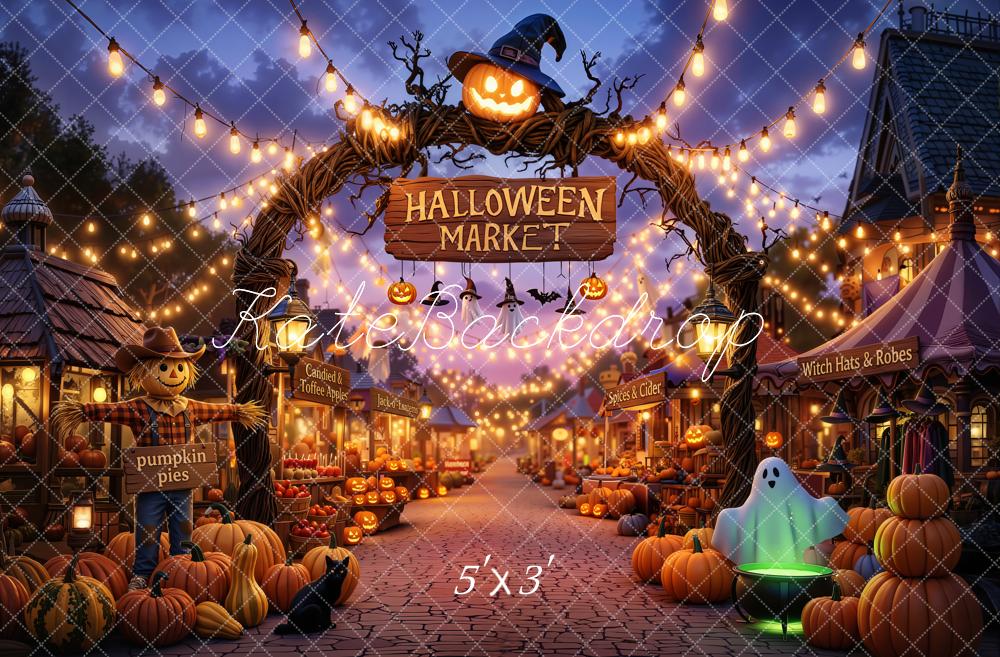 Kate Halloween Market Arch Pumpkins Ghost String Lights Printed Backdrop Designed by Chain Photography