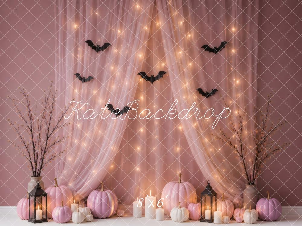 Kate Halloween Blush Pink Pumpkins Bats Fairy Lights Printed Backdrop Designed by Vertigo Productions