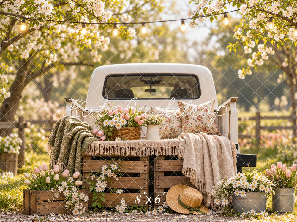 Kate Spring Vintage Truck Floral Blanket Rustic Outdoor Printed Backdrop Designed by Emetselch