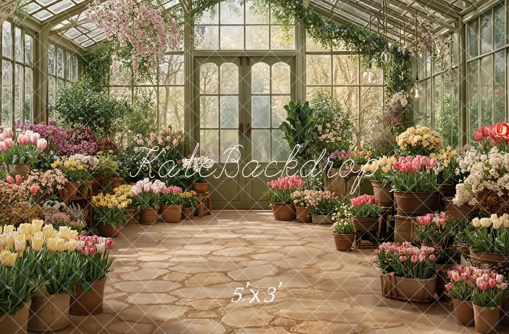 Kate Spring Greenhouse Flower Pots and Stone Floor Printed Backdrop Designed by Emetselch