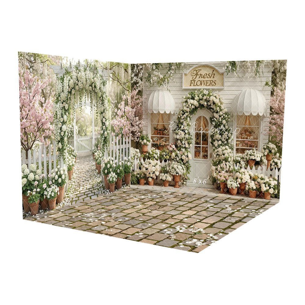 Kate Spring Flower Arch White Shop Picket Fence Printed Backdrop Room Set