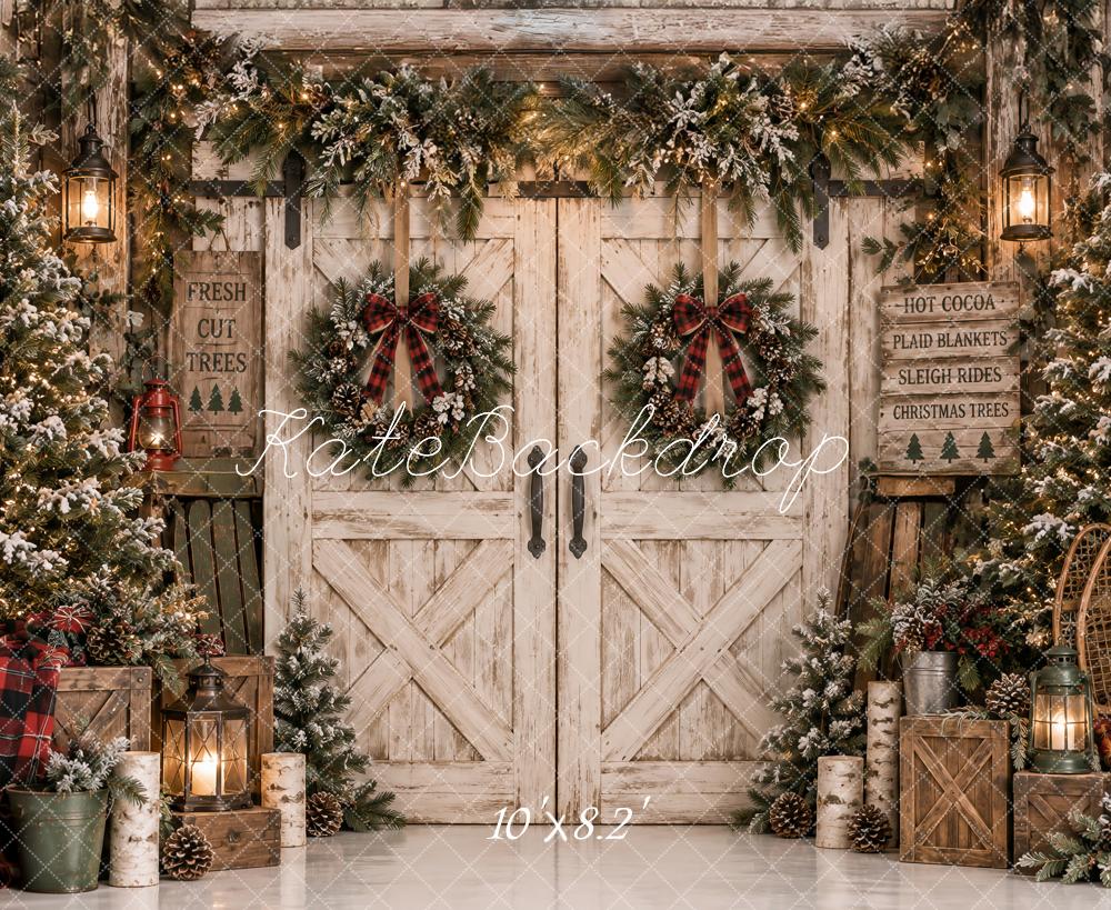 Kate Christmas Rustic Barn Doors Lodge Evergreen Wreaths Printed Backdrop Designed by Ashley Paul