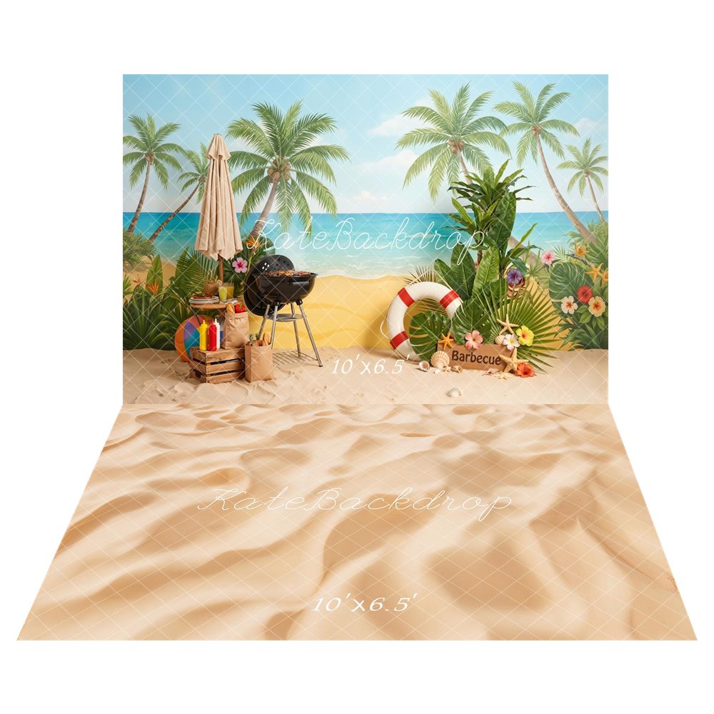 Kate Summer Beach Palm Trees Barbecue Umbrella Flowers Lifebuoy Backdrop+Beach Sand Floor Backdrop