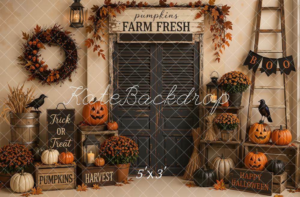 Kate Halloween Black Door Pumpkin Farm Harvest Ladder Printed Backdrop Designed by Emetselch