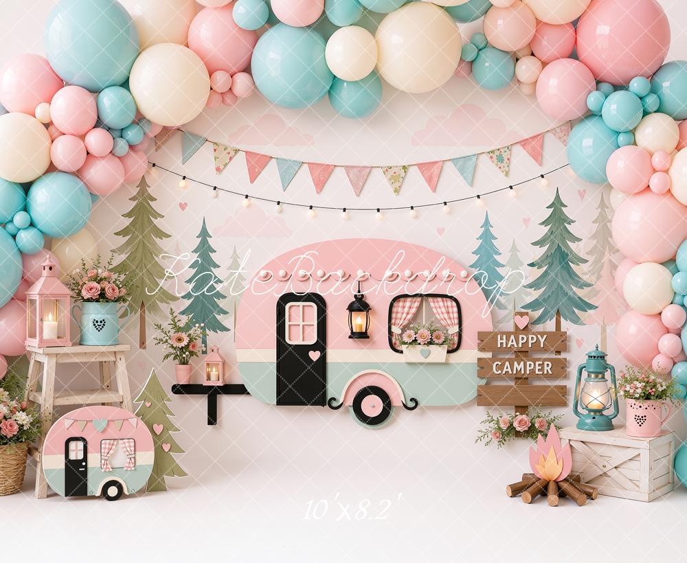 Kate Cake Smash Pastel Camper Party Balloons Campfire Printed Backdrop Designed by Ashley Ward