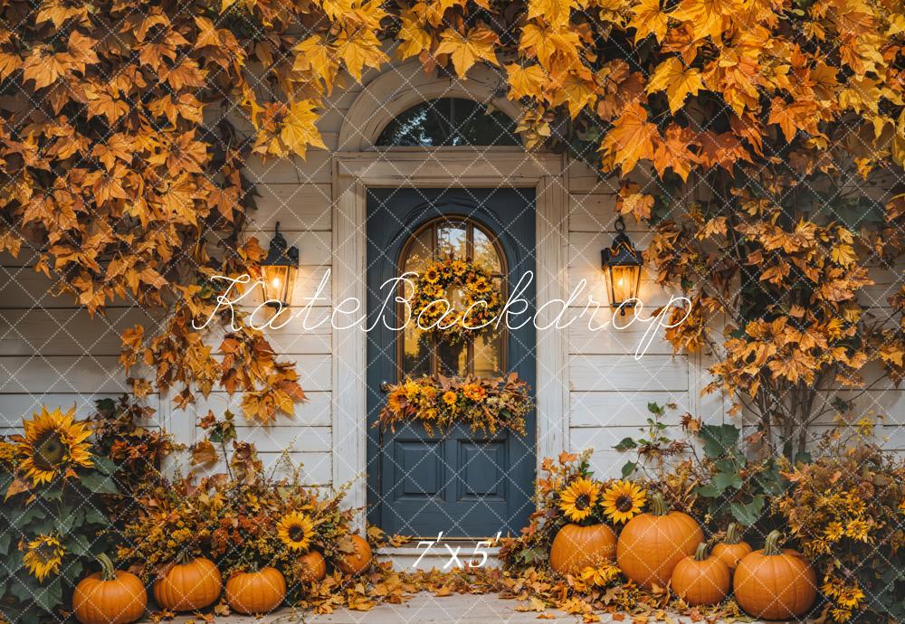Fondo de Puerta de Calabaza de Otoño con Hojas de Arce Diseñado por Emetselch