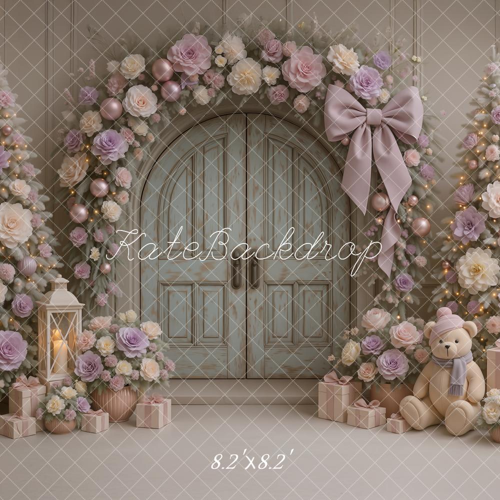 Kate Christmas Tree Pastel Purple Floral Arch Door Gift Teddy Bear Backdrop Designed by Ashley Paul