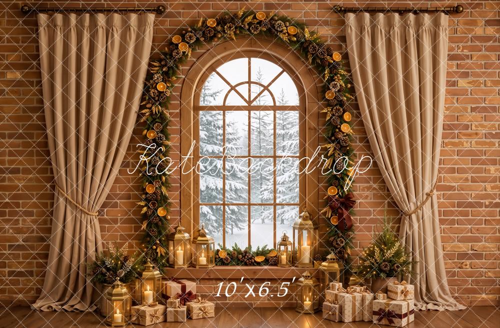 Kate Christmas Arched Window Curtains Garland Lanterns Gifts Brick Wall Printed Backdrop Designed by Emetselch
