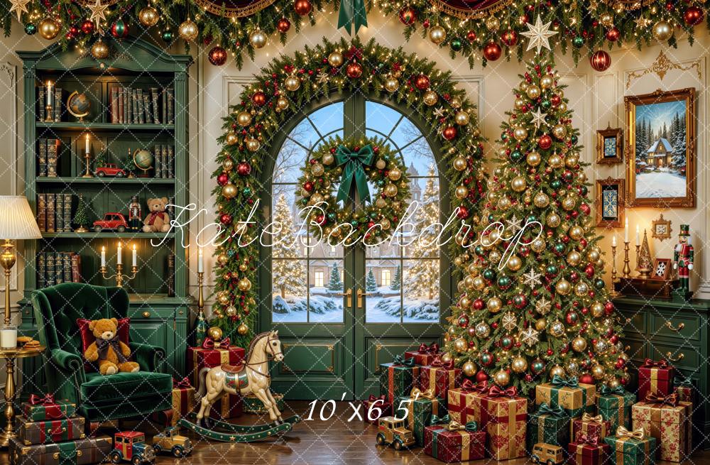 Kate Christmas Tree Green Bookcase Gifts Wreath Toys Printed Backdrop Designed by Mini MakeBelieve