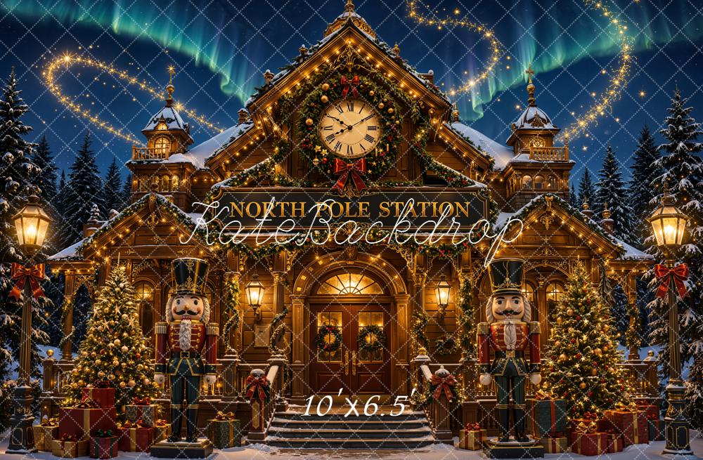 Kate Christmas North Pole Station Clock Tower Nutcracker Printed Backdrop Designed by Emetselch