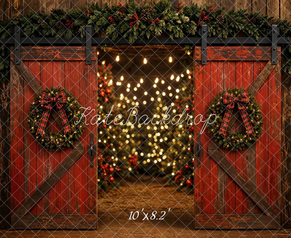 Kate Christmas Red Barn Doors Wreath Bokeh Lights Printed Backdrop Designed by Emetselch