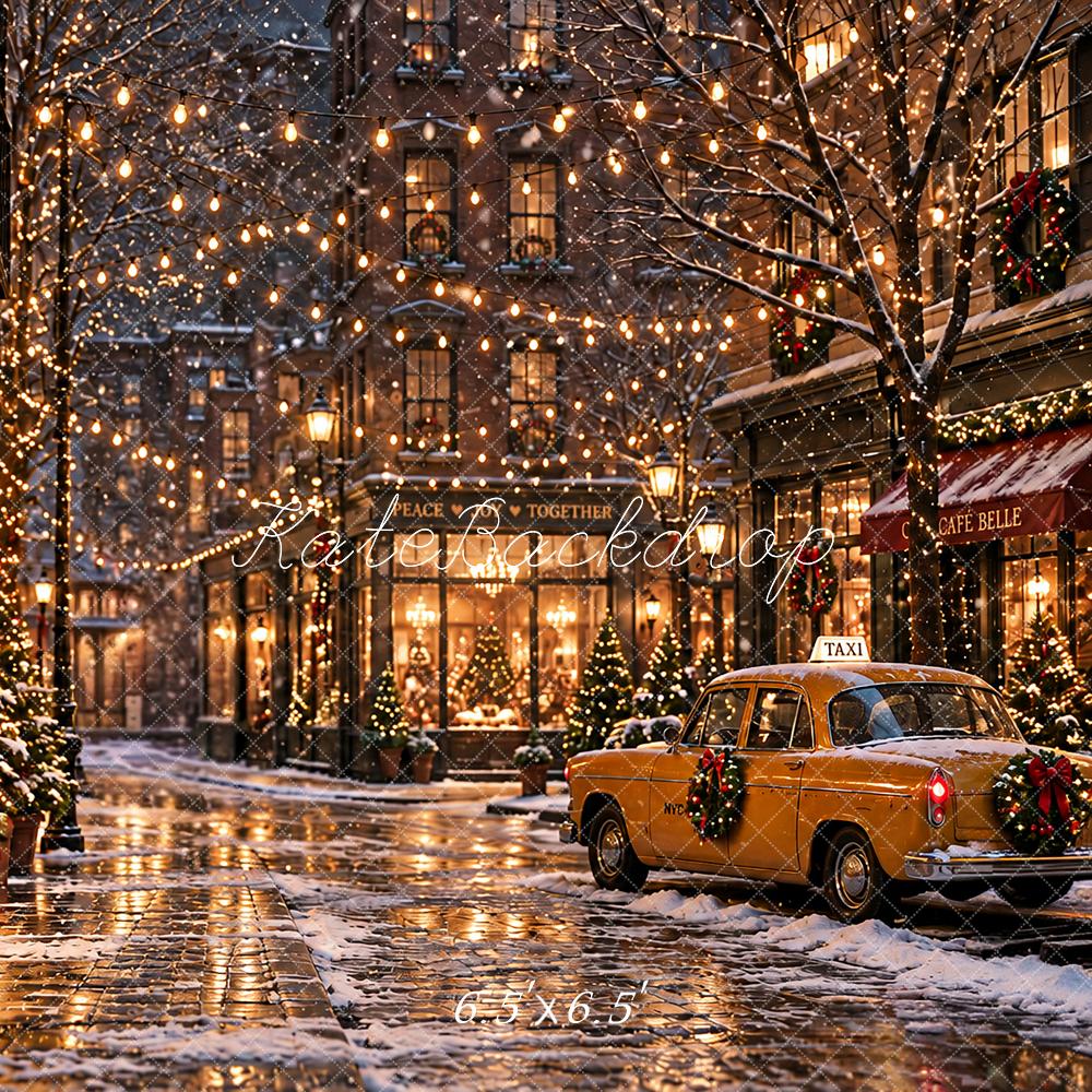 Kate Christmas Snowy City Street Taxi NYC Printed Backdrop Designed by Angela Miller