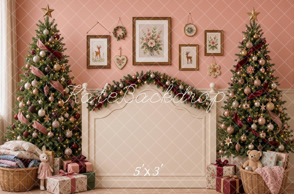 Kate Christmas Headboard Pink Trees Garland Printed Backdrop Designed by Shutter Swan Studios
