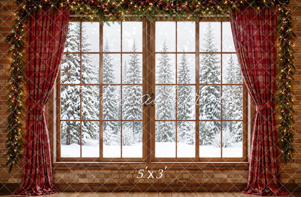 Kate Christmas Window Red Curtains Garland Snowy Trees Printed Backdrop Designed by Emetselch