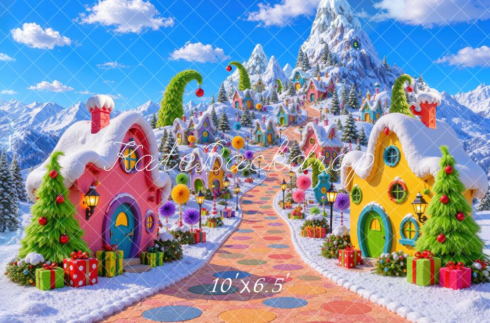 Kate Christmas Whimsical Whoville Candy Village Snowy Mountains Printed Backdrop Designed by Mini MakeBelieve