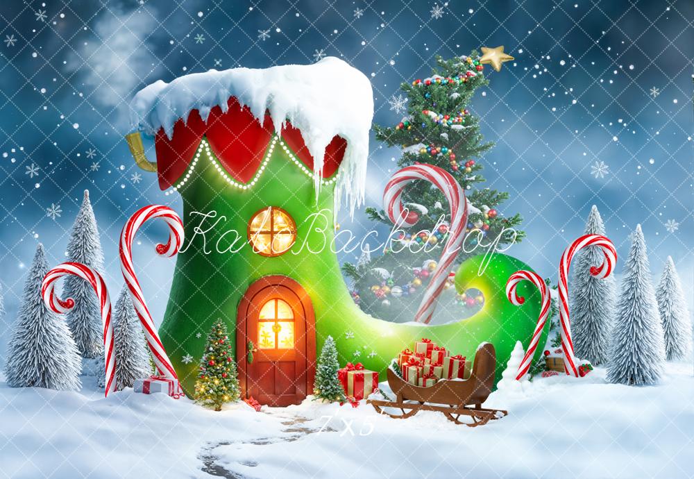Kate Christmas Elf Shoe House Candy Cane Snowy Trees Backdrop Designed by Emetselch
