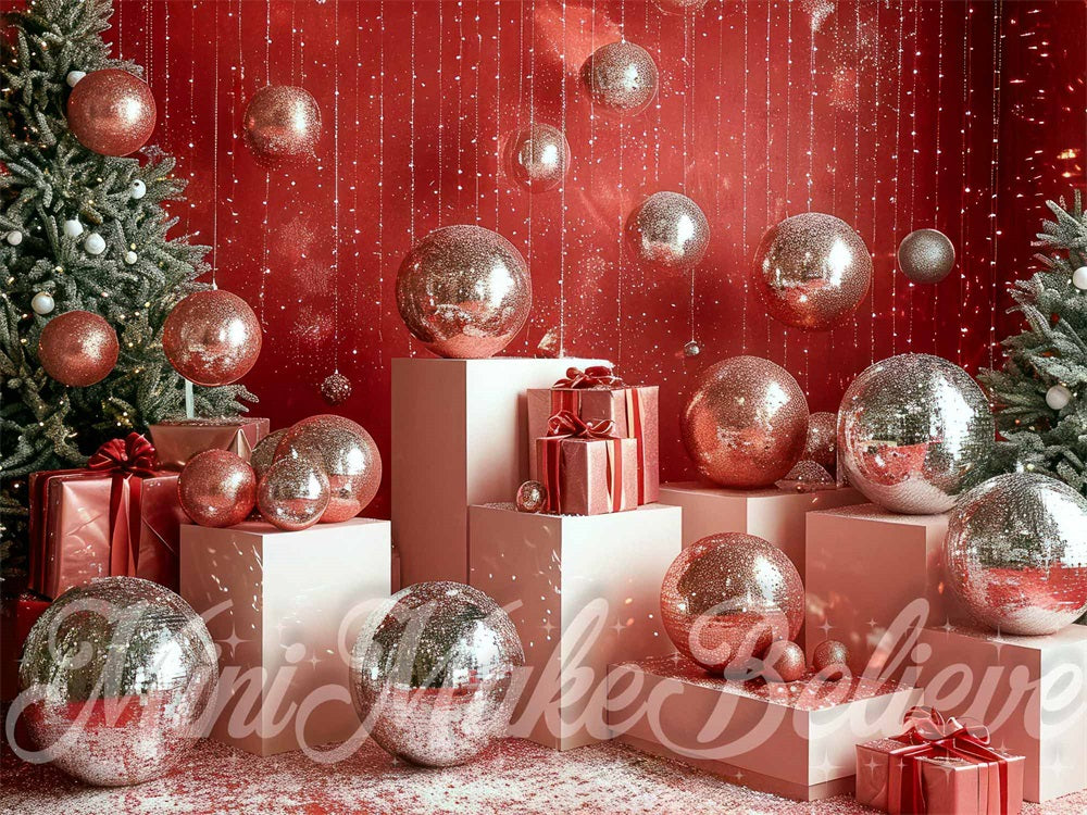 Kate Christmas Tree Retro Disco Silver Ball Red Wall Backdrop Designed by Mini MakeBelieve