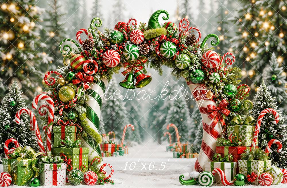 Kate Christmas Green Fantasy Candy Arch Forest Presents Snowy Printed Backdrop Designed by Emetselch