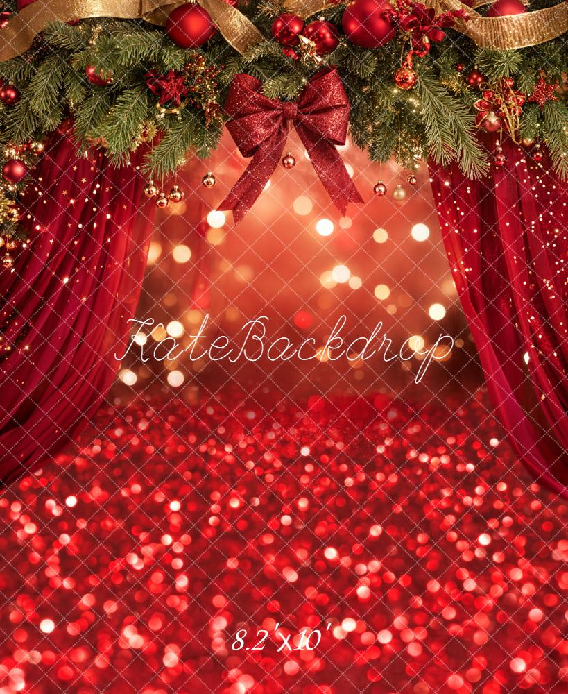 Kate Christmas Red Curtain Bokeh Garland Bow Backdrop Designed by Emetselch