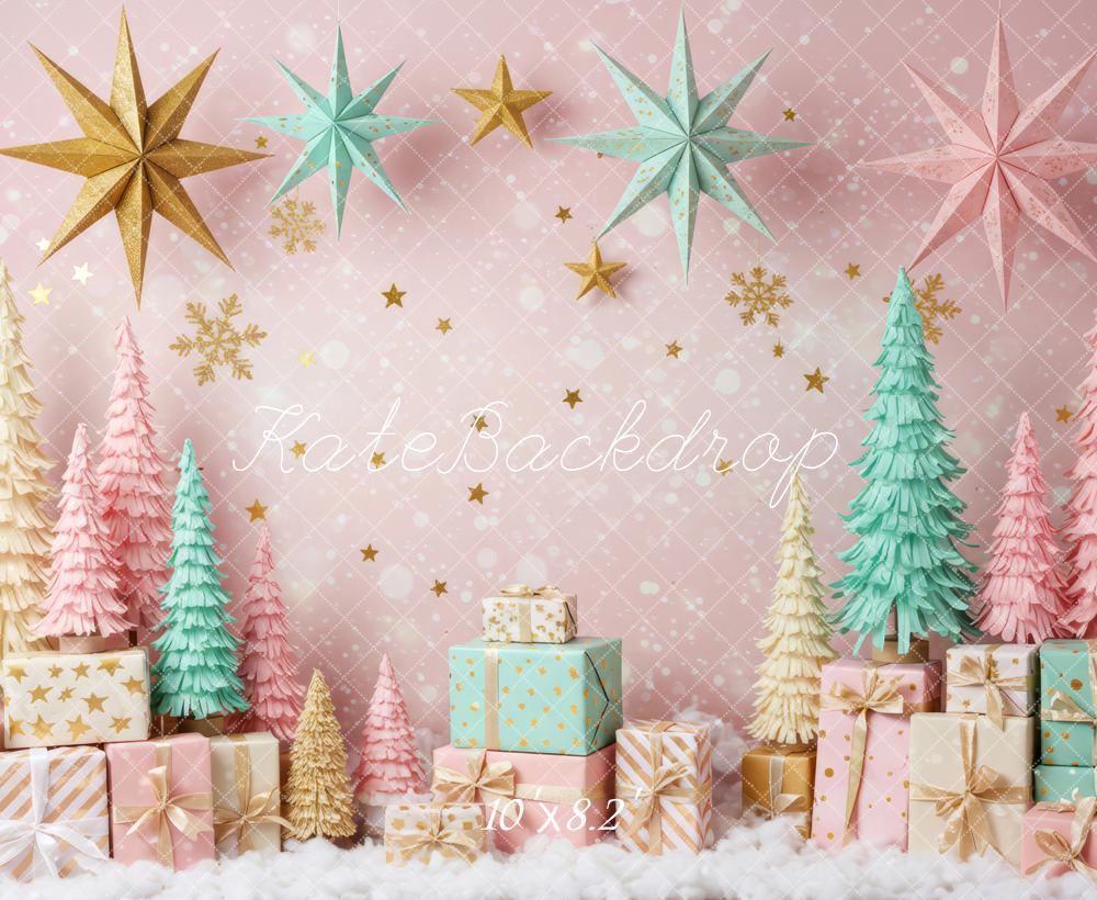 Kate Christmas Pink Pastel Trees Gold Stars Gift Boxes Backdrop Designed by Patty Roberts