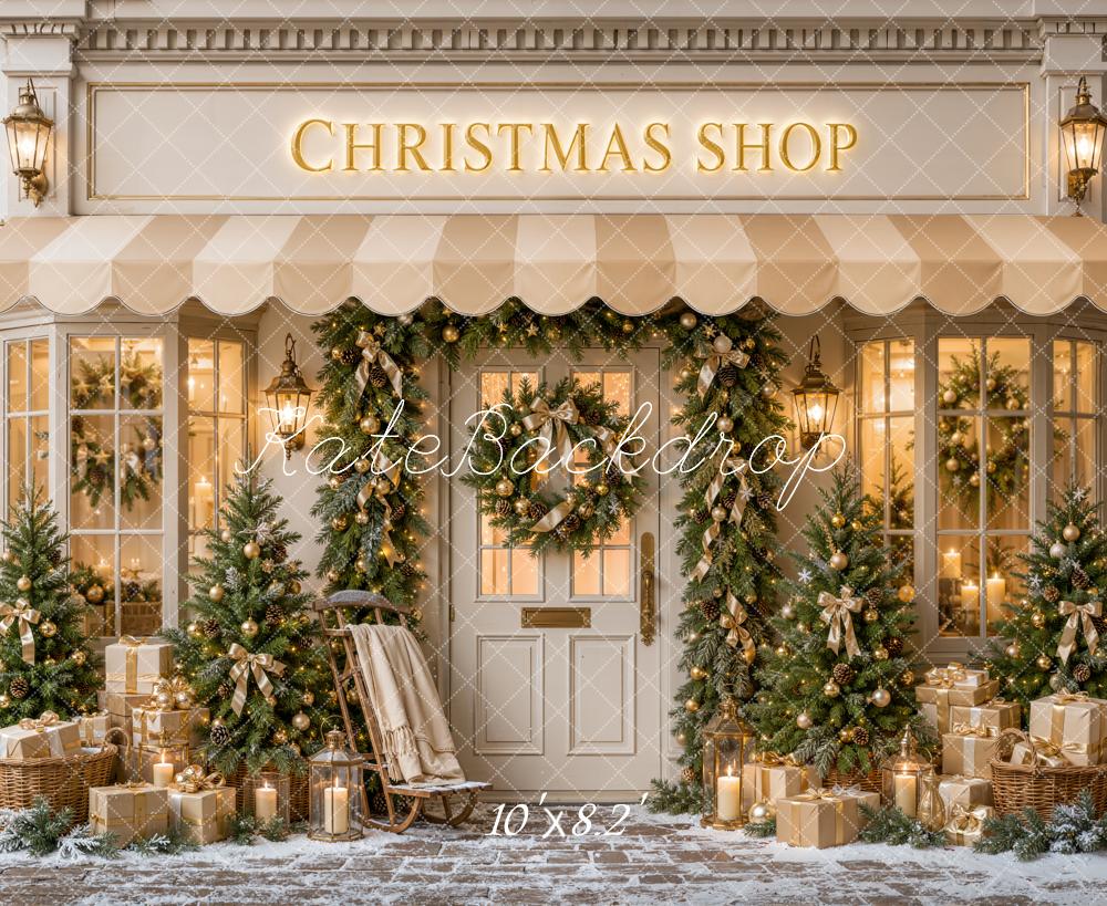 Kate Christmas Shop Storefront Sleigh Trees Gifts Printed Backdrop Designed by Emetselch