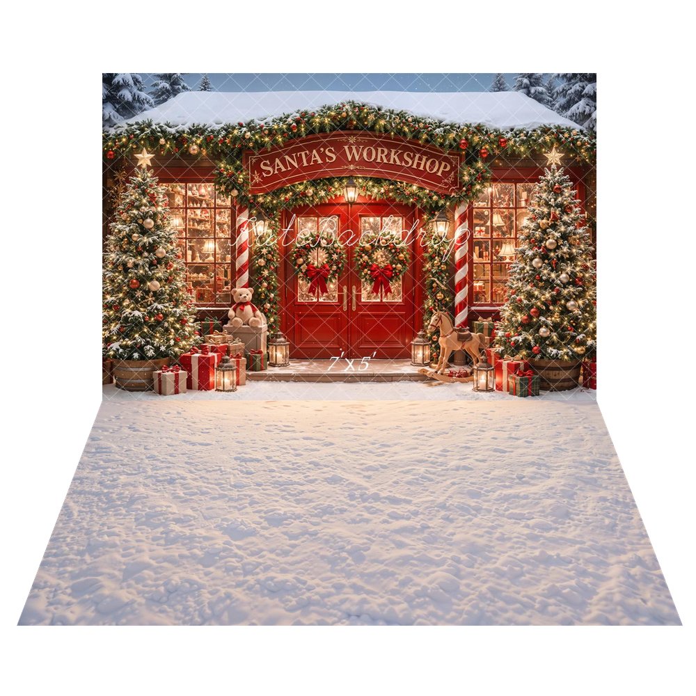 Kate Christmas Santa's Workshop Red Door Trees Presents Printed Backdrop+Snowy Ground Floor Printed Backdrop