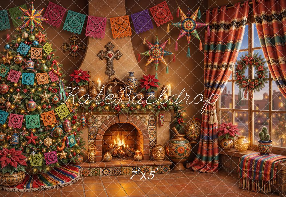 Kate Mexican Christmas Tree Fireplace Papel Picado Curtains Printed Backdrop Designed by Emetselch