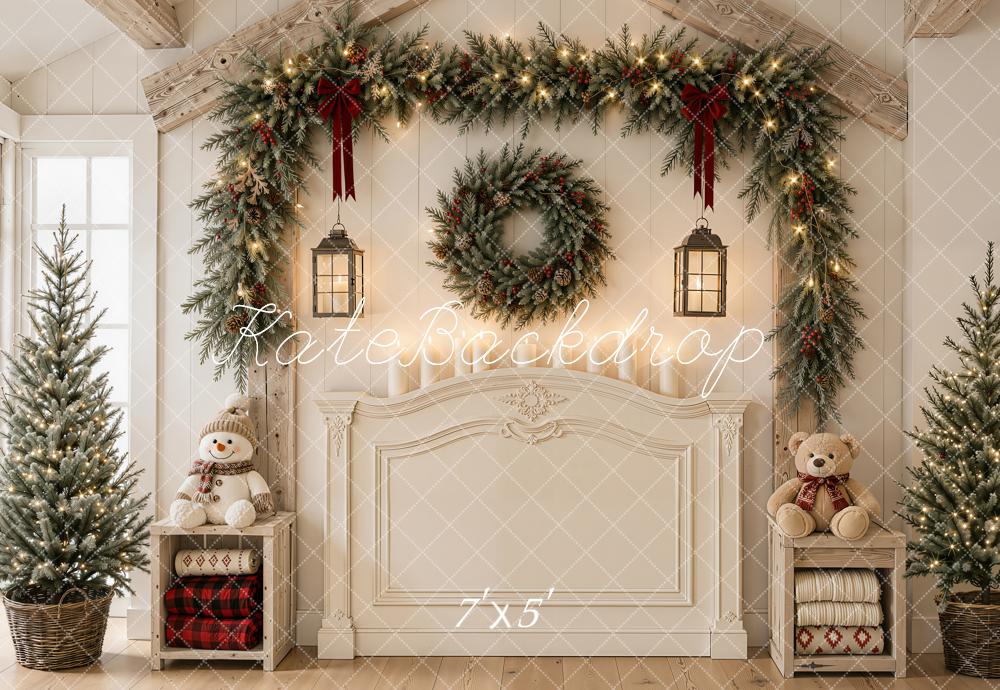 Kate Christmas Headboard Garland Wreath Snowman Trees White Printed Backdrop Designed by Emetselch