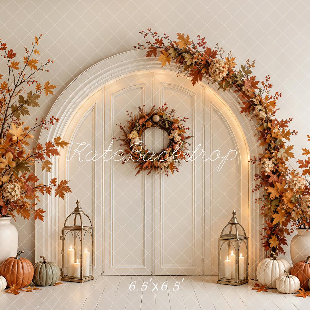 Kate Fall Beige Pumpkin Floral Arched Door Printed Backdrop Designed by Emetselch