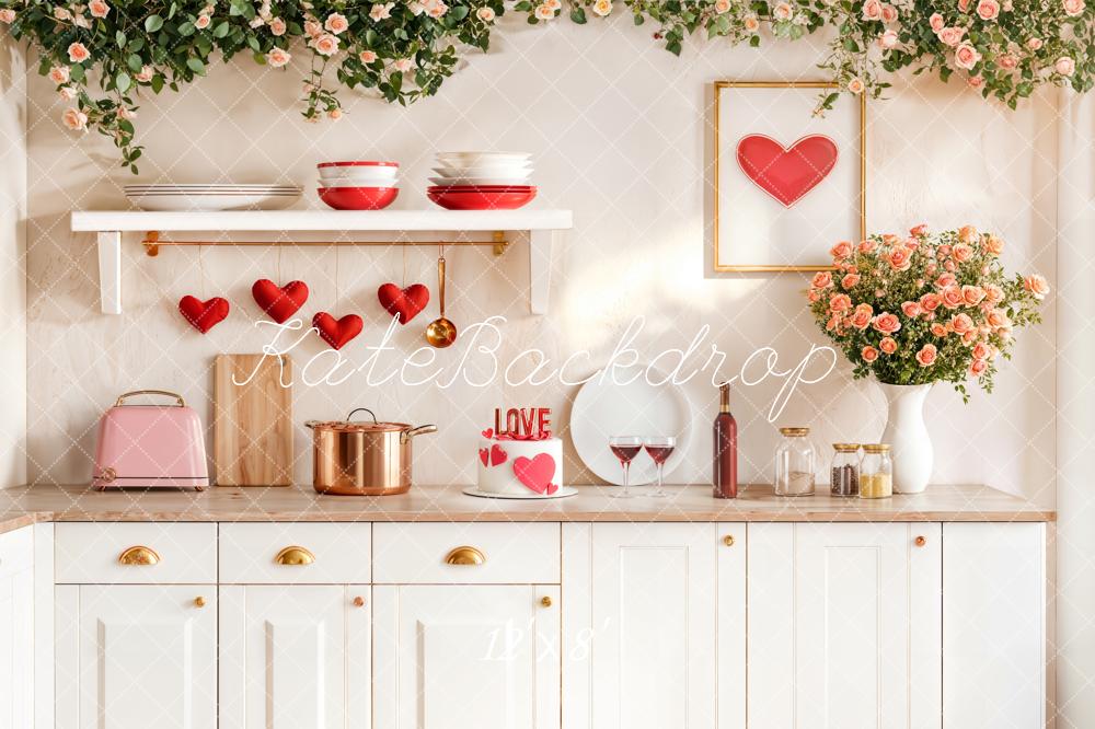 Kate Valentine's Day White Kitchen Hearts Flowers Backdrop Designed by Emetselch