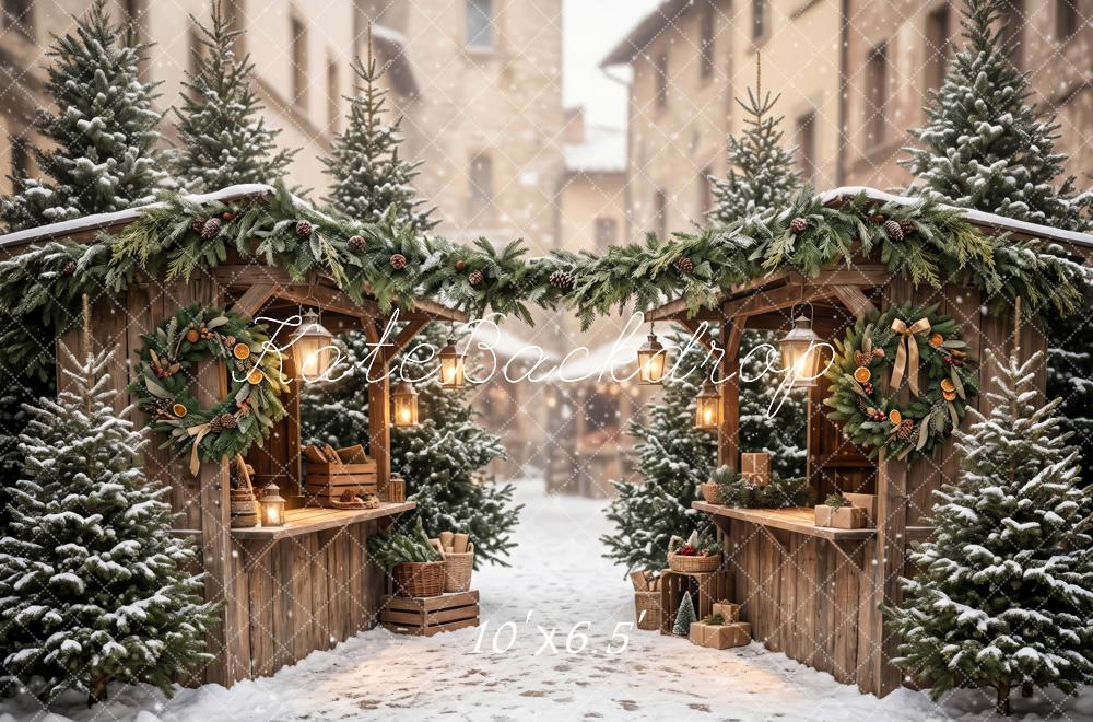 Kate Christmas Snowy Evergreen Market Street Snow Printed Backdrop Designed by Patty Roberts