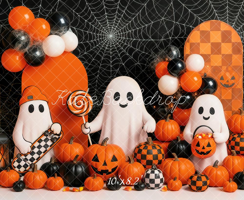 Kate Halloween Ghosts Pumpkins Balloons Spiderweb Backdrop Designed by Ashley Paul