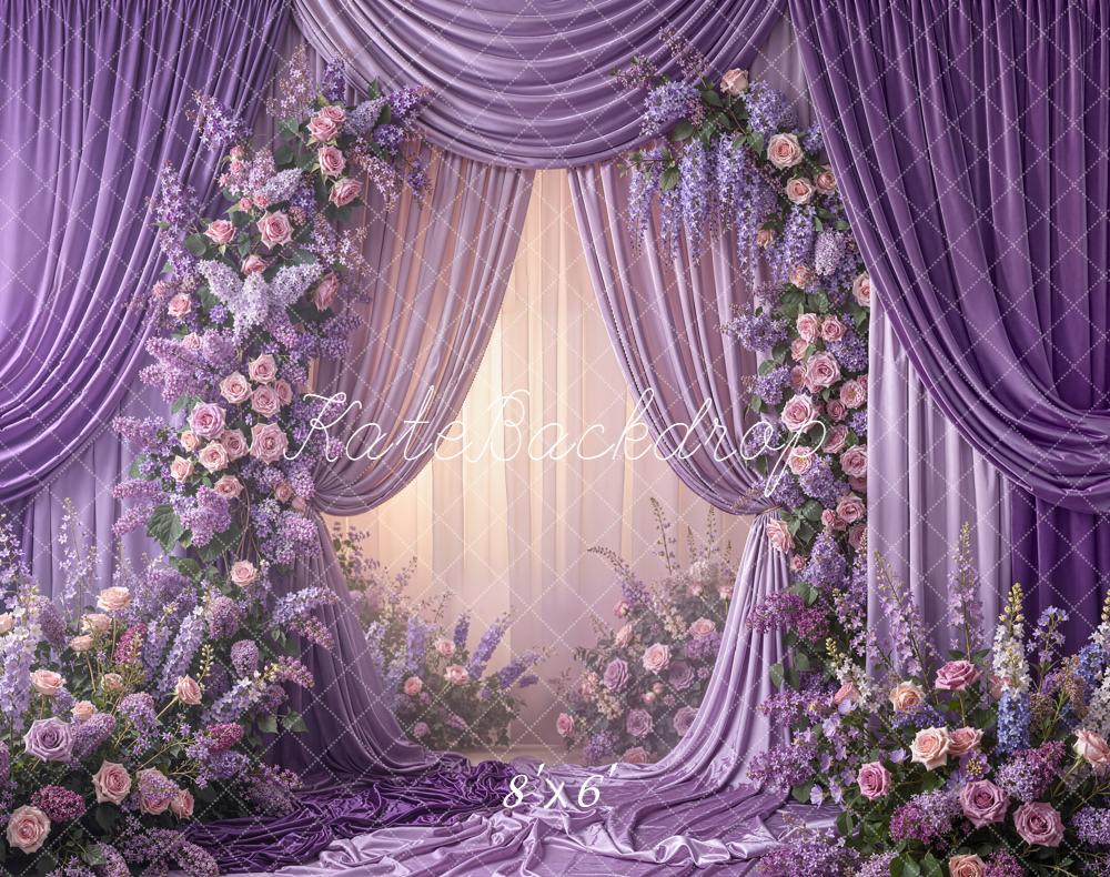 Kate Spring Purple Drapes Flower Arch Printed Backdrop Designed by Emetselch